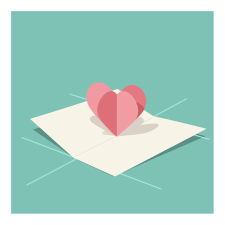 A three-dimensional pink paper heart stands on a folded white sheet against a muted teal background, creating a simple, calm, and minimalistic scene.のイラスト素材