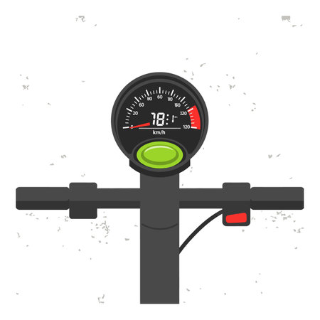 Front view of an electric scooter handlebar featuring a digital speedometer and red control button, showing a modern urban mobility device in flat style.のイラスト素材