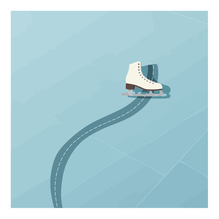 A single white ice skate rests on clear ice, leaving a curved glide mark behind, illustrating motion...
