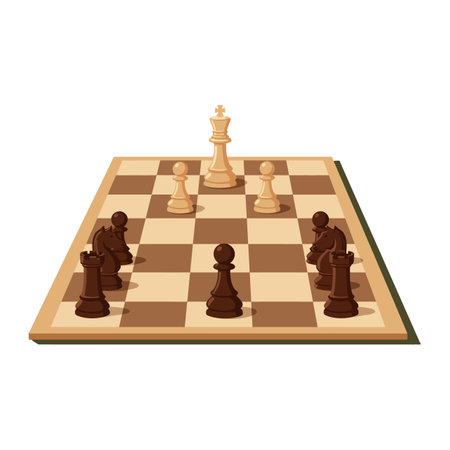 A chessboard with white king and pawns positioned against black pawns and rooks, illustrating a tense strategic moment in a calm, focused setting.のイラスト素材