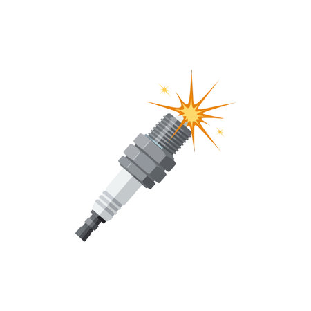 A detailed silver and white automotive spark plug emits a bright yellow ignition spark, symbolizing engine ignition in a clean flat style.のイラスト素材