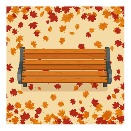 A simple wooden bench sits empty on a beige ground covered with red and orange fallen autumn leaves, creating a calm seasonal mood.のイラスト素材