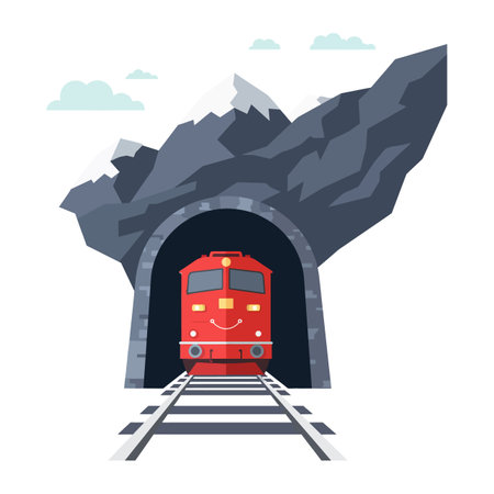 A red train with a smiling face exits a rugged gray mountain tunnel on railway tracks under a light blue cloudy sky in flat vector style.のイラスト素材