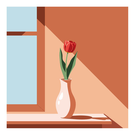 A single red tulip with green leaves stands in a white ceramic vase on a windowsill, bathed in warm, soft sunlight creating gentle shadows.のイラスト素材