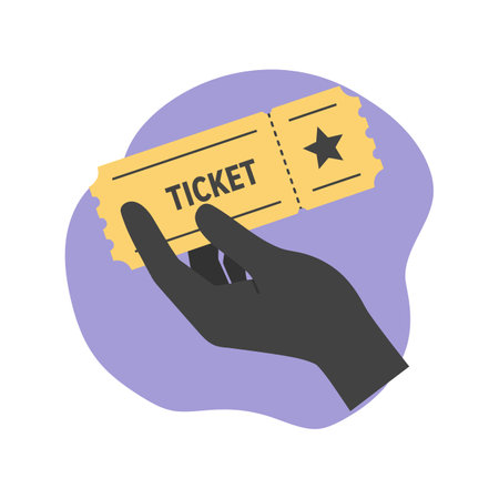 A dark human hand holds a yellow ticket featuring a star symbol against a soft purple abstract background, conveying a simple and modern theme.のイラスト素材