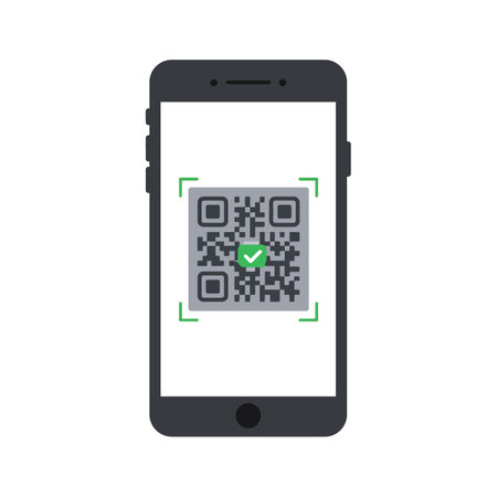 A black smartphone displays a QR code with a green checkmark inside a scanning frame, indicating successful code verification and approval.のイラスト素材