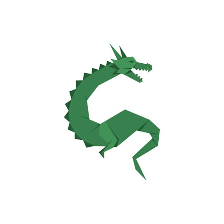 A green origami dragon with an open mouth showing sharp teeth and spiked back, depicted in a minimal flat style with angular shapes.のイラスト素材