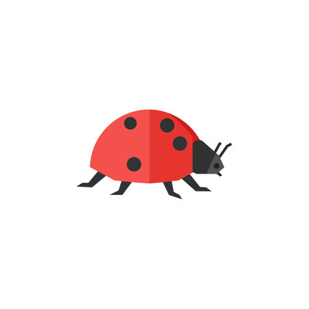 A red ladybug with six black spots and a dark head walks with legs extended, depicted in simple flat style with minimal detail.のイラスト素材