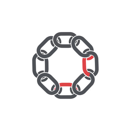 A simple flat design of a circular chain with two broken red links, symbolizing disconnection or weakness in the metal links.のイラスト素材