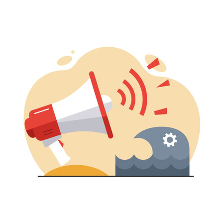 A red and white megaphone emits sound waves toward a blue mechanical gear shape, symbolizing communication and technology in a modern flat style.のイラスト素材