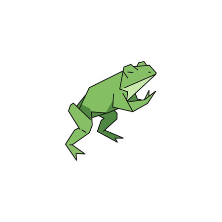 A green frog depicted in a polygonal origami style stands with a simple flat design on a white...