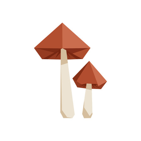 Two stylized mushrooms with angular brown caps and pale stems stand upright, depicted in a simple flat design with clean shapes and muted colors.のイラスト素材