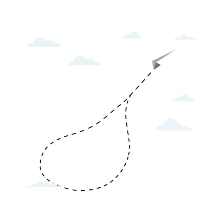 A simple gray paper airplane arcs through a pale sky with a dotted curved flight path, conveying lightness and playful motion in minimalist design.のイラスト素材