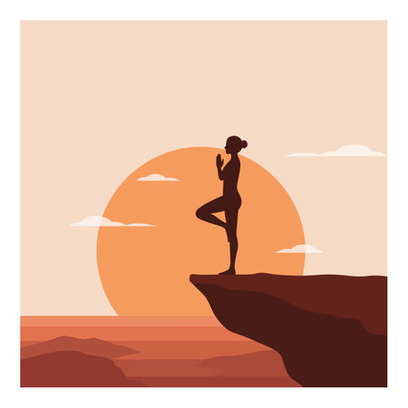 A woman stands balanced on one leg in tree pose atop a cliff during sunset, creating a calm and focused mood with warm orange tones.のイラスト素材