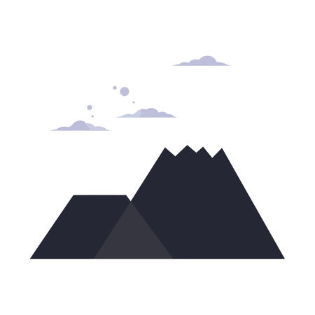 A dark mountain range with three pointed peaks under light purple clouds in a clear sky, depicted in a simple flat minimalist style.のイラスト素材
