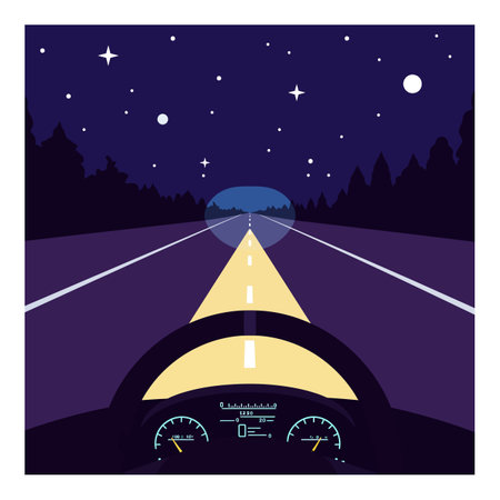 A driver's perspective on a dark road under a clear star-filled sky with dashboard illuminated, conveying calm and focused nighttime travel.のイラスト素材