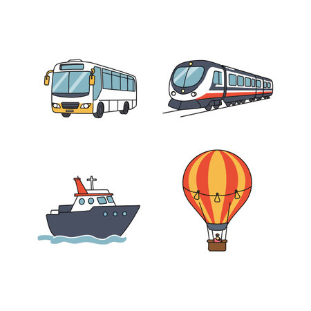Four different vehicles including a yellow bus, modern train, navy boat on water, and red striped hot air balloon floating in a clear sky.のイラスト素材