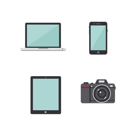 A laptop, smartphone, tablet, and digital camera are displayed with simple shapes and muted colors in a clean flat design style.のイラスト素材