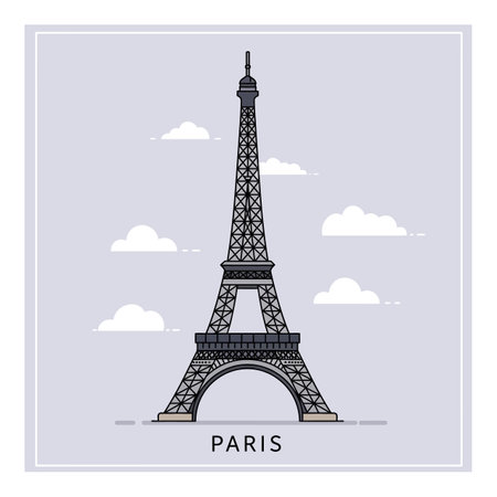 Detailed minimalist vector of the Eiffel Tower in Paris, featuring a calm cloudy sky and simple color palette, evoking iconic urban tranquility.のイラスト素材