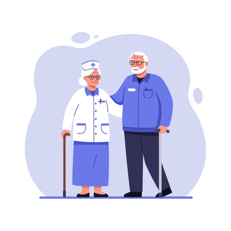 An elderly nurse in uniform and a senior man wearing glasses stand side by side, each holding a walking stick, portraying support and companionship.のイラスト素材
