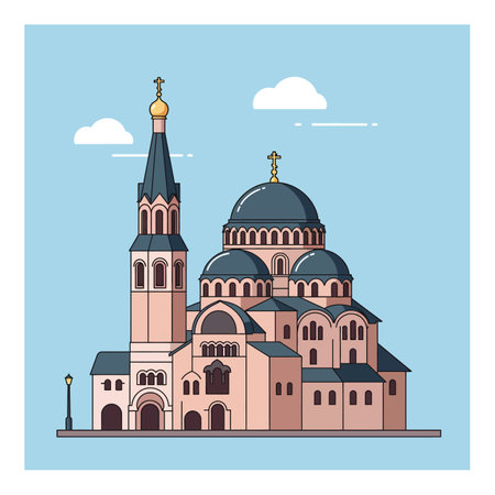 Detailed vector image of an Orthodox church with multiple domes topped by crosses, set against a blue sky with clouds, showing architectural elements.のイラスト素材