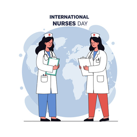 Two female nurses wearing white coats and hats, holding clipboards, standing smiling in front of a globe symbolizing global healthcare.のイラスト素材