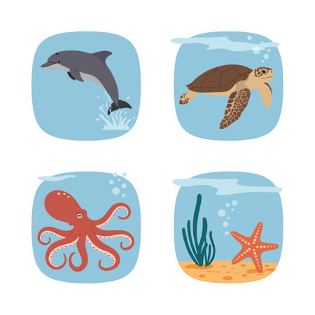 A dolphin, turtle, octopus, and starfish appear in separate underwater scenes, showing simple shapes and calm oceanic mood.のイラスト素材