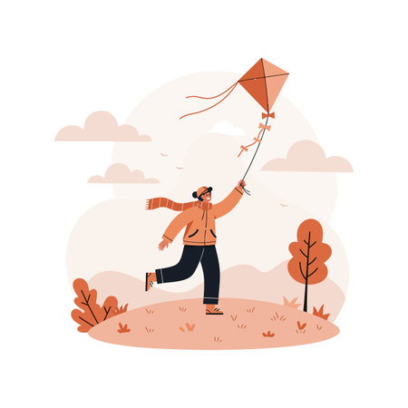 A young person running outdoors wearing a jacket and scarf while flying a kite, surrounded by autumn trees and soft clouds in calm weather.のイラスト素材