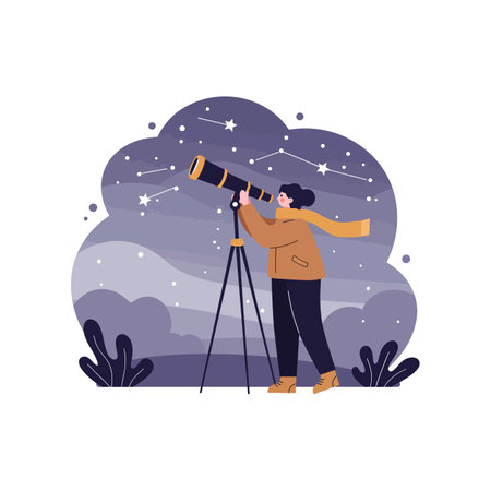 A person wearing a brown jacket and yellow scarf looks through a telescope at constellations in a dark, calm night sky outdoors.のイラスト素材