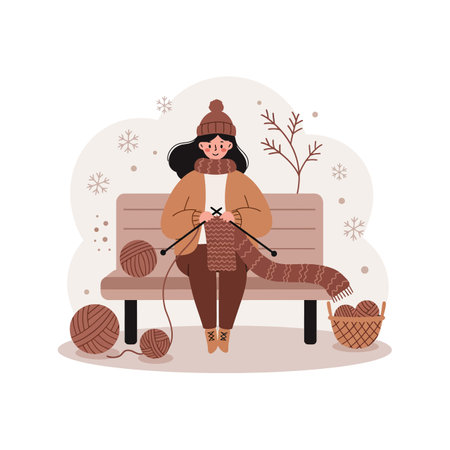 A woman wearing warm clothes sits on a bench knitting a brown scarf surrounded by yarn balls in a calm winter atmosphere.のイラスト素材