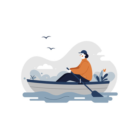 A man wearing an orange jacket and blue cap rows a small boat on calm water under a cloudy sky with birds flying nearby.のイラスト素材