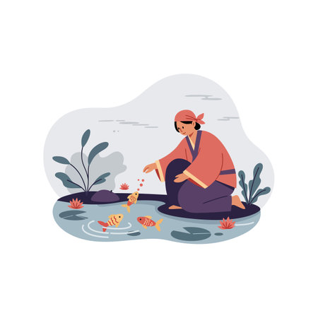 A woman wearing traditional clothing kneels by a calm pond, feeding vibrant fish surrounded by lotus flowers and gentle foliage, evoking peacefulness.のイラスト素材