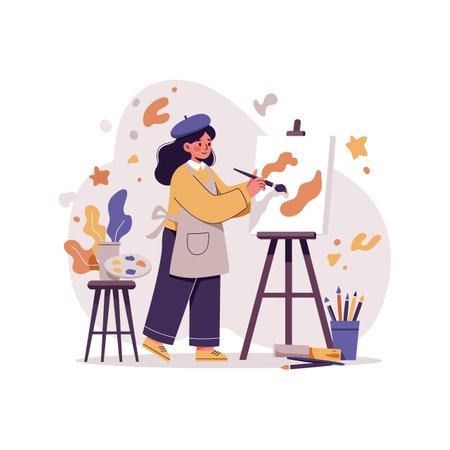 A woman wearing a beret and apron paints abstract shapes on a canvas, surrounded by art supplies, portraying creativity and focus.のイラスト素材
