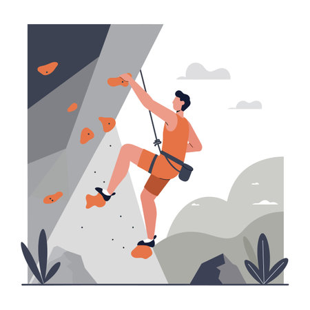 A man in orange climbs a steep cliff using climbing holds while secured by a harness, set against a muted mountainous background.のイラスト素材