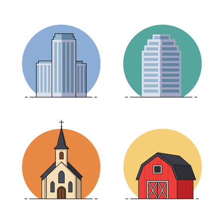 Four vector icons depict a modern skyscraper, an office building, a traditional church with steeple, and a red barn, each with bright circular backgrounds.のイラスト素材