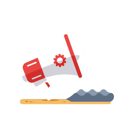 A red megaphone featuring a gear icon floats above an open book with text and a blue bookmark, symbolizing communication and learning.のイラスト素材