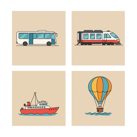 Four vector illustrations depict a blue and white bus, red and white train, red ship on water, and a colorful hot air balloon flying above sea.のイラスト素材