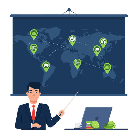 A man in a suit points to a world map showing various transport routes and shipment icons, illustrating global logistics and supply chain activity.のイラスト素材