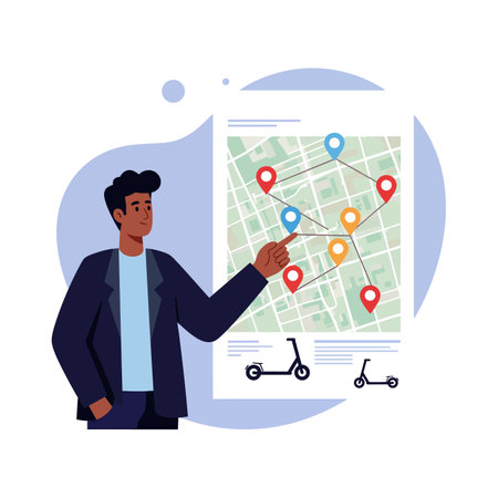 A young man in dark jacket points at colorful electric scooter rental spots on a city map, highlighting urban transportation options.のイラスト素材
