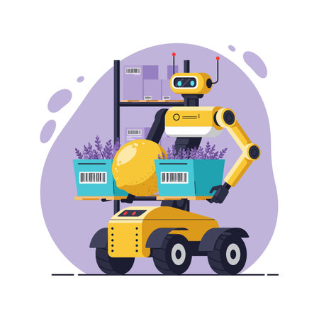 A yellow robot with wheels carefully picks plants from blue containers in a stylized flat vector design, depicting futuristic agricultural automation.のイラスト素材