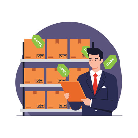 A man wearing a dark suit and red tie reviews inventory by checking boxes on shelves with a clipboard in a warehouse setting, focused and organized.のイラスト素材