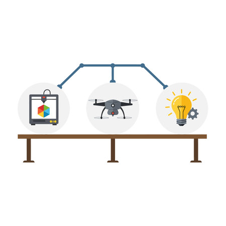 Three connected circles display a 3D printer, a drone, and a glowing lightbulb with gear,...