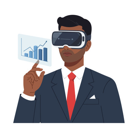 A man in a dark suit and red tie uses a VR headset to manipulate floating financial graphs, illustrating futuristic business technology.のイラスト素材