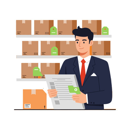 A man in a dark suit and red tie reviews documents while standing in front of shelves filled with cardboard boxes, conveying focus and organization.のイラスト素材