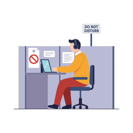 A man in an orange sweater and red pants works intently on a laptop inside a cubicle with a do not disturb sign, showing concentration.のイラスト素材