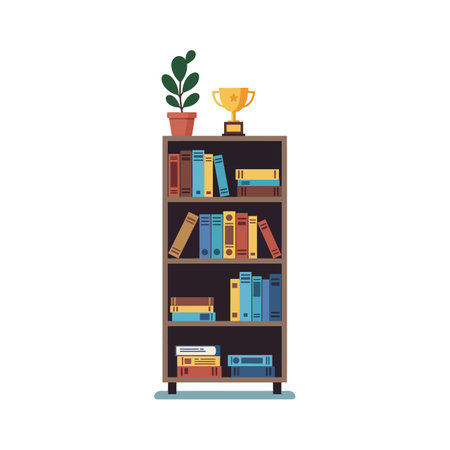 A tall bookshelf filled with neatly arranged colorful books, topped with a golden trophy and a green potted plant, conveying order and achievement.のイラスト素材