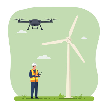 A man in safety helmet and orange vest controls a black drone beside a white wind turbine, set against a green sky with light clouds.のイラスト素材