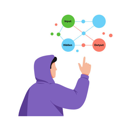 A person wearing a purple hoodie points at a colorful neural network diagram showing input, hidden, and output nodes, illustrating AI concepts.のイラスト素材