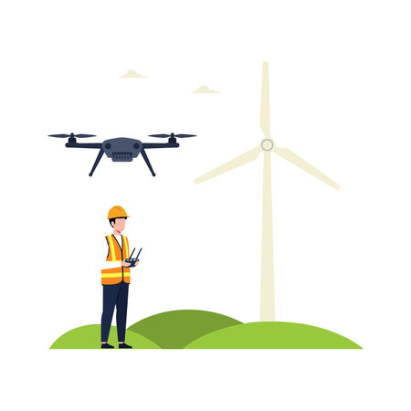 A man wearing a safety vest and helmet controls a drone beside a tall wind turbine on rolling green...