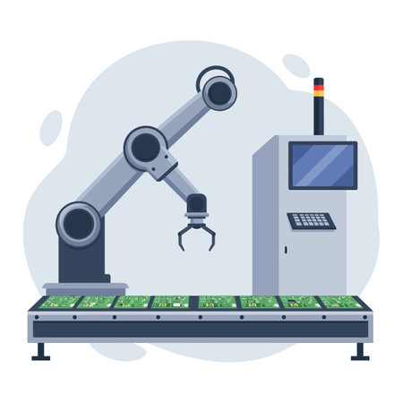 A gray robotic arm picks circuit boards from a conveyor belt beside a control panel, depicting precise automation in a clean industrial setting.のイラスト素材